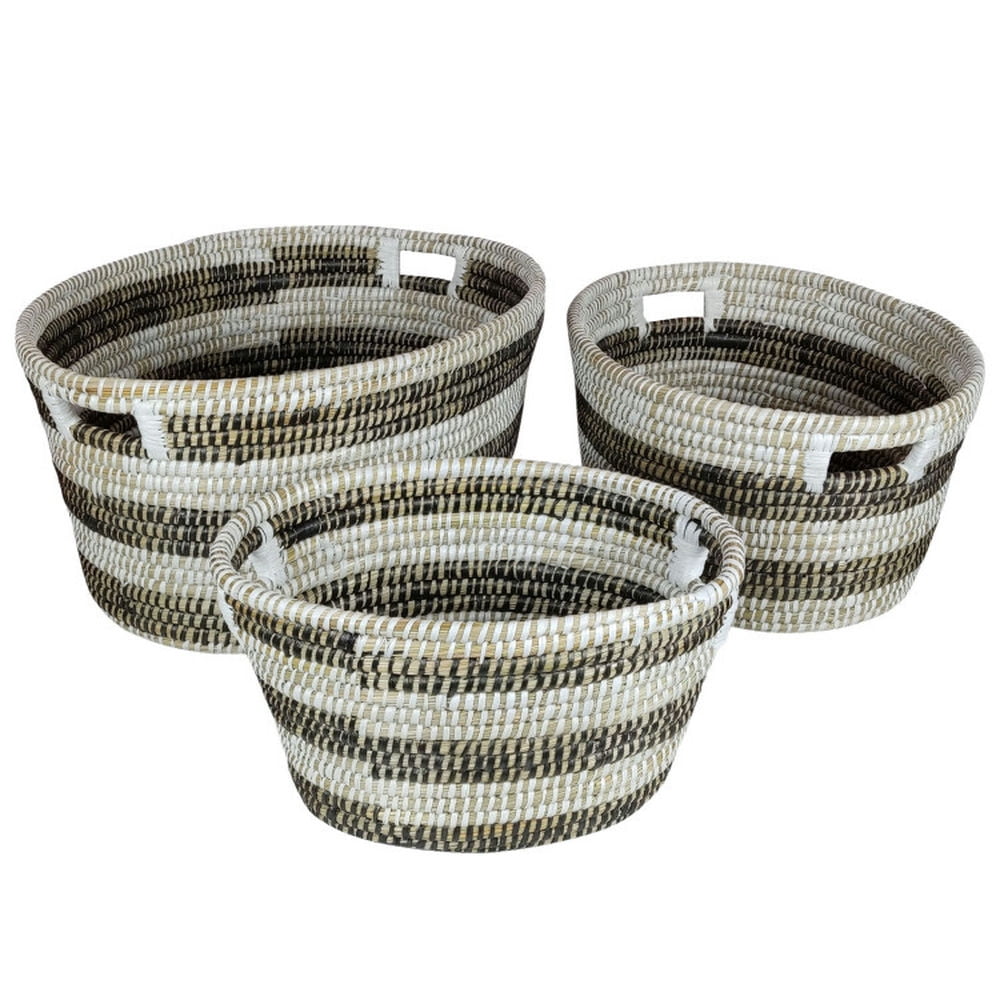 Finihen Laundry Hamper, Laundry Basket, Natural Canes Grass Baskets Stackable Storage Bins Set of 3 with Hollowed Handles, for Bathroom, Laundry Room, White & Black Finihen Laundry Hamper, Laundry Basket, Natural Canes Grass Baskets Stackable Storage Bins Set of 3 with Hollowed Handles, for Bathroom, Laundry Room, White & Black