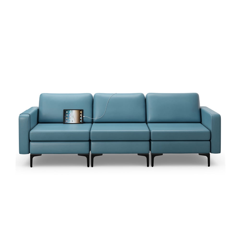 Finihen Leather Sofa, 3-Seat Sofa, Convertible Leather Sofa Couch with Magazine Pockets 3-Seat with 2 USB Port, for Living Room, Bedroom, Blue Finihen Leather Sofa, 3-Seat Sofa, Convertible Leather Sofa Couch with Magazine Pockets 3-Seat with 2 USB Port, for Living Room, Bedroom, Blue