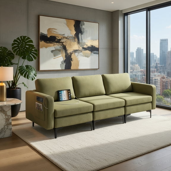 Demi Bonn Leather Sofa, 3-Seat Sofa, Convertible Leather Sofa Couch with Magazine Pockets 3-Seat with 2 USB Port, for Living Room, Bedroom, Green