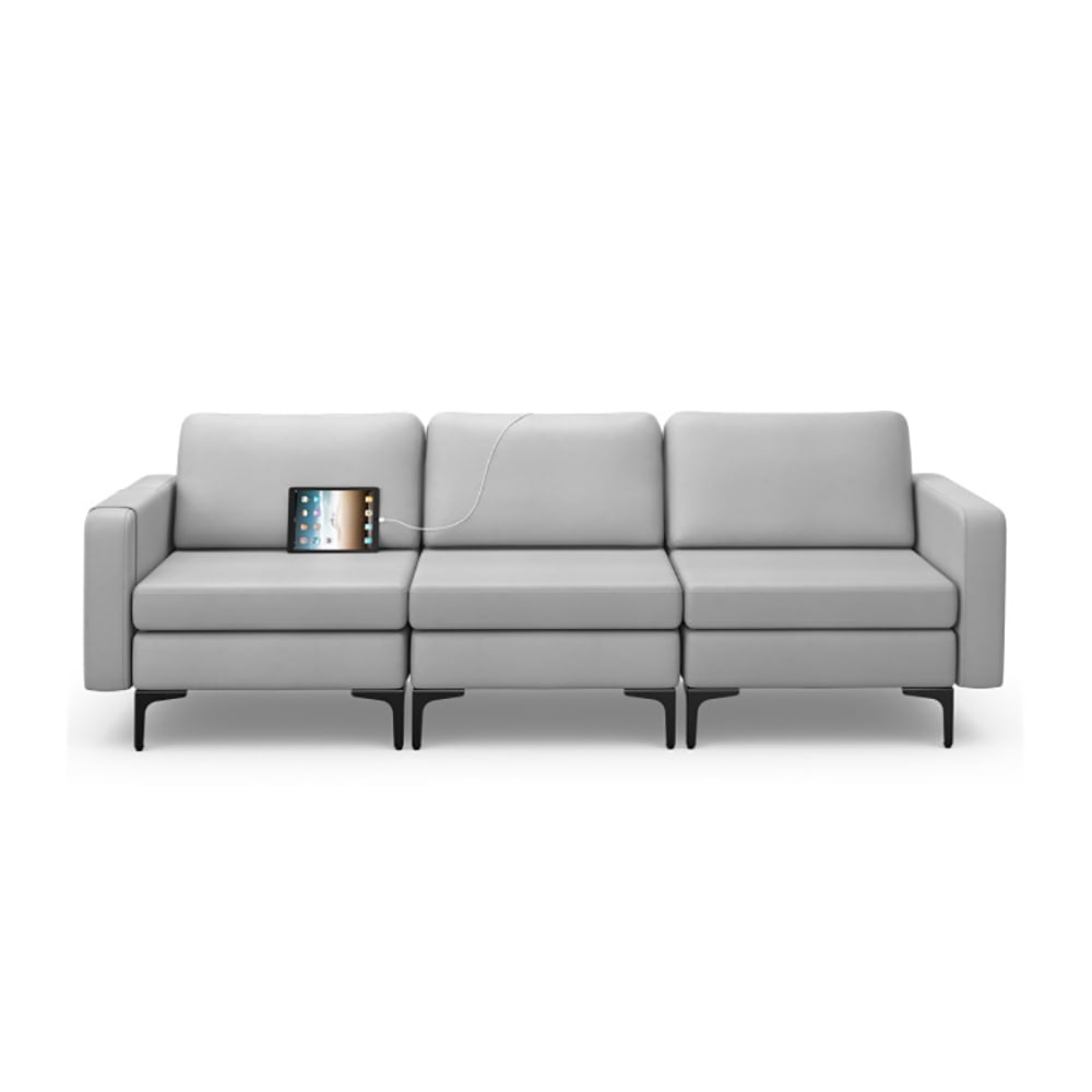 Finihen Leather Sofa, 3-Seat Sofa, Convertible Leather Sofa Couch with Magazine Pockets 3-Seat with 2 USB Port, for Living Room, Bedroom, Light Gray Finihen Leather Sofa, 3-Seat Sofa, Convertible Leather Sofa Couch with Magazine Pockets 3-Seat with 2 USB Port, for Living Room, Bedroom, Light Gray