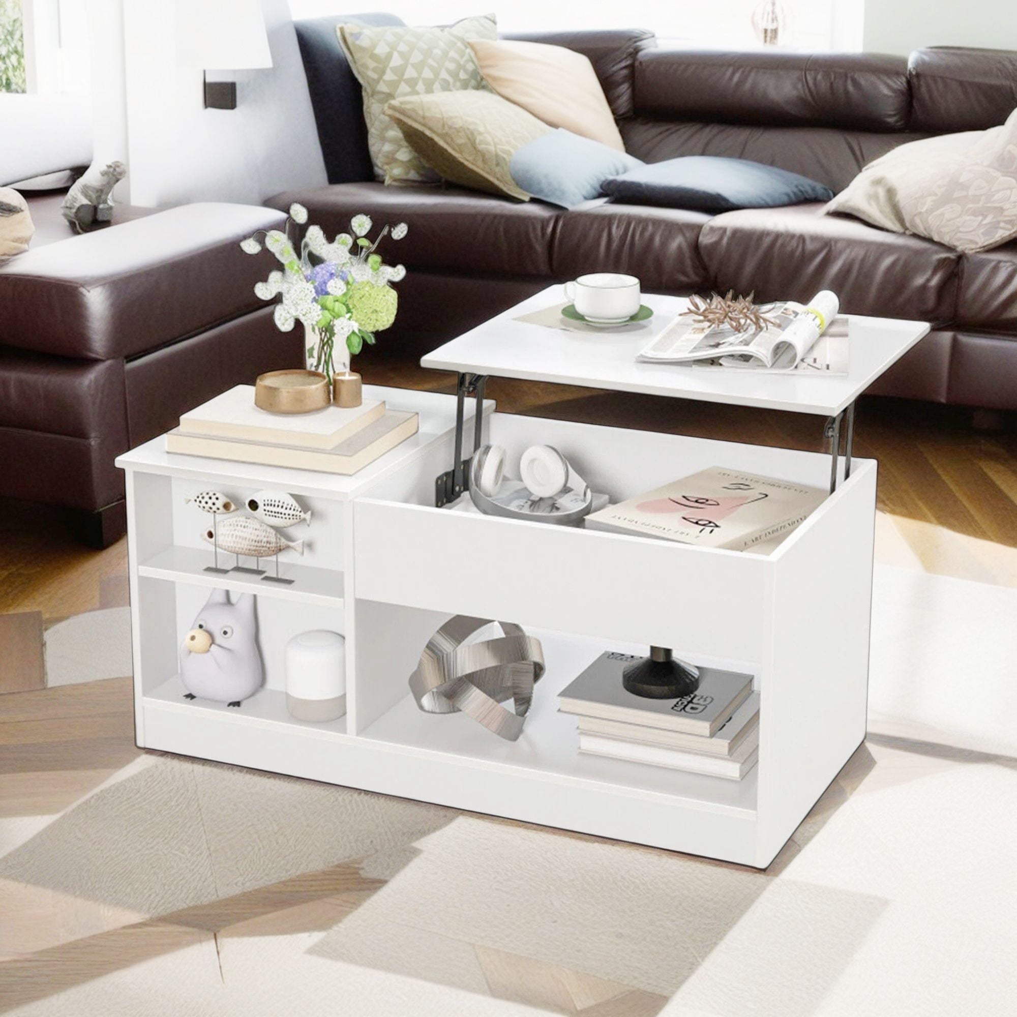 Demi Bonn Lift Top Coffee Table, Modern Coffee Table with Lift Tabletop and Storage Compartments, for Living Room, Reception Room, Office, White