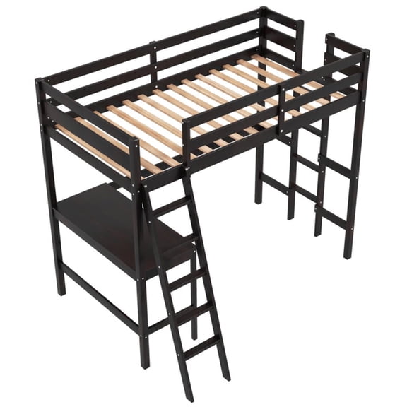 Demi Bonn Loft Bed Twin Size, Solid Wood Loft Bed with Desk Angled and Built-in Ladder, Modern Wooden Playhouse Bed Frame, Brown