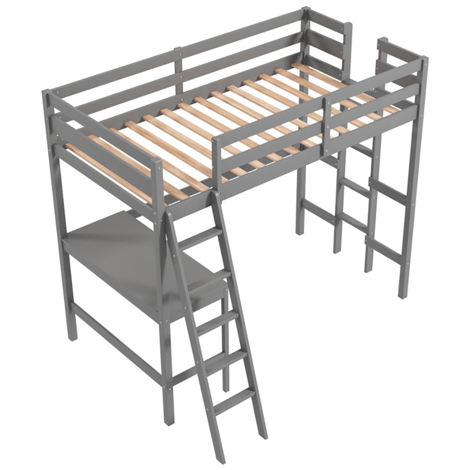 Demi Bonn Loft Bed Twin Size, Solid Wood Loft Bed with Desk Angled and Built-in Ladder, Modern Wooden Playhouse Bed Frame, Gray