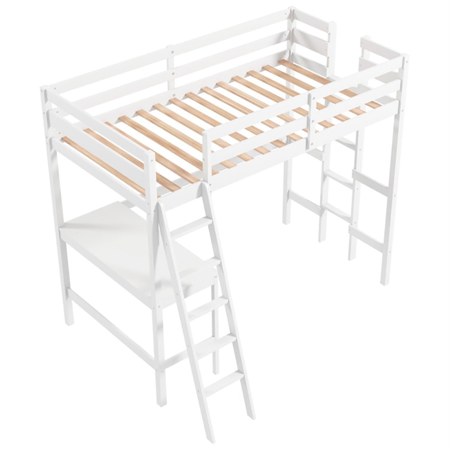 Demi Bonn Loft Bed Twin Size, Solid Wood Loft Bed with Desk Angled and Built-in Ladder, Modern Wooden Playhouse Bed Frame, White