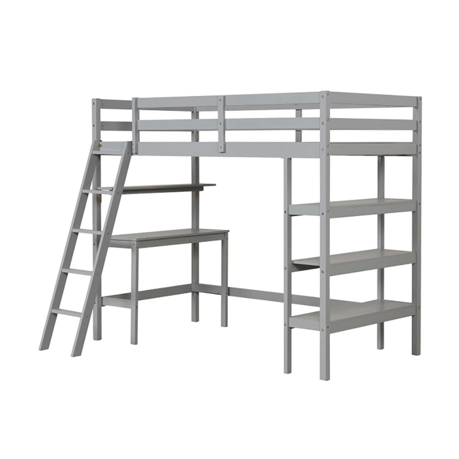 Demi Bonn Loft Bed Twin Size, Solid Wood Loft Bed with Desk and Bookshelves, Modern Wooden Bed Frame for Teens, Gray