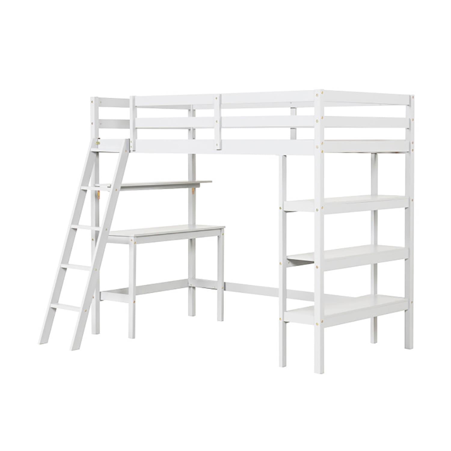 Demi Bonn Loft Bed Twin Size, Solid Wood Loft Bed with Desk and Bookshelves, Modern Wooden Bed Frame for Teens, White