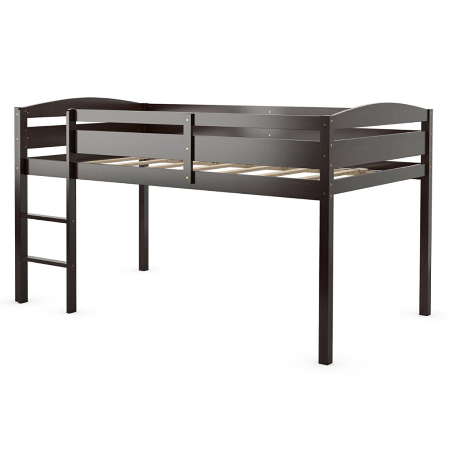 Demi Bonn Loft Bed Twin Size, Solid Wood Low Loft Bed with Guard Rail and Ladder, Modern Wooden Loft Bunk Bed Frame, Brown