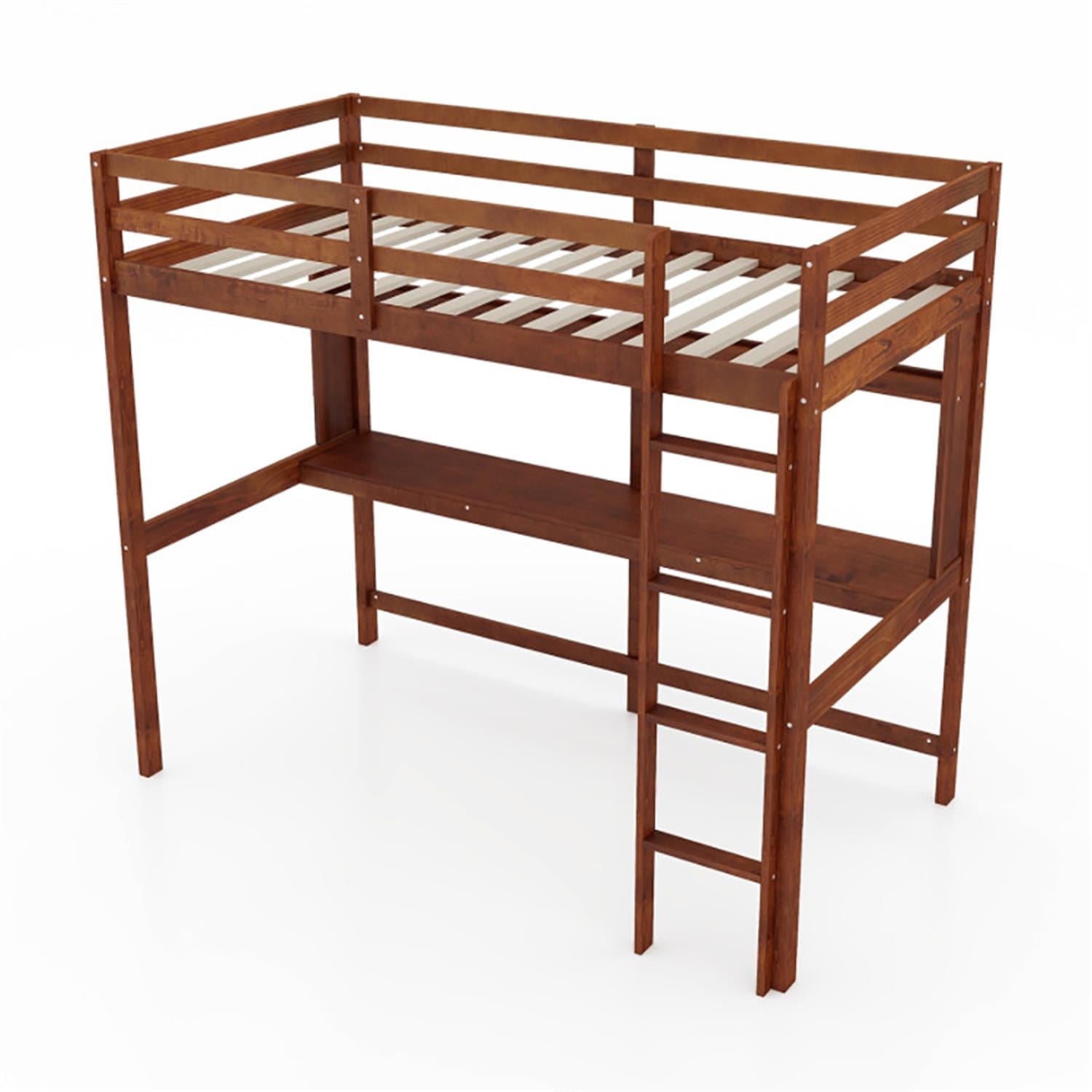 Demi Bonn Loft Bed Twin Size, Solid Wood Low Loft Bed with Guard Rail and Ladder, Modern Wooden Loft Bunk Bed Frame, Brown