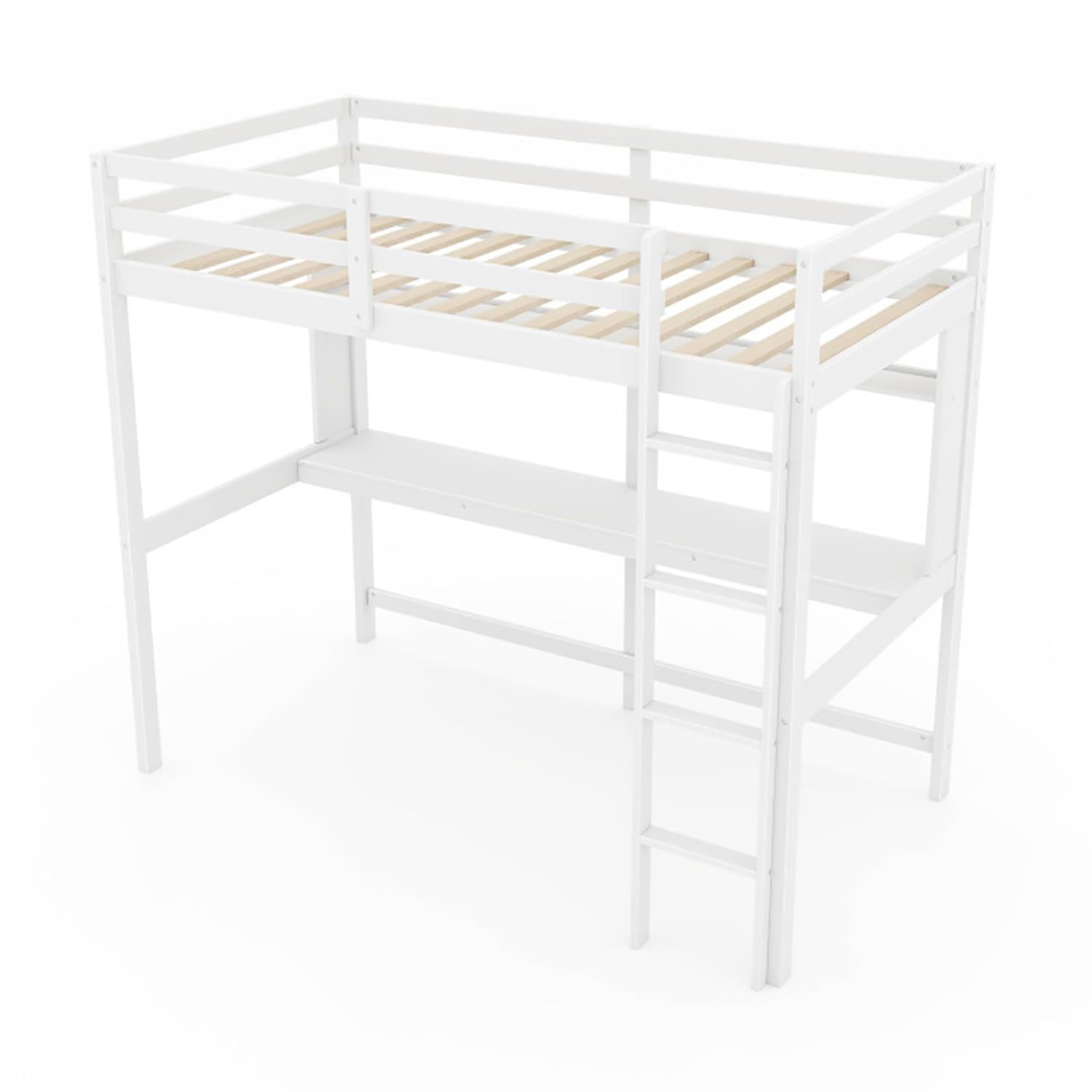 Demi Bonn Loft Bed Twin Size, Solid Wood Low Loft Bed with Guard Rail and Ladder, Modern Wooden Loft Bunk Bed Frame, White