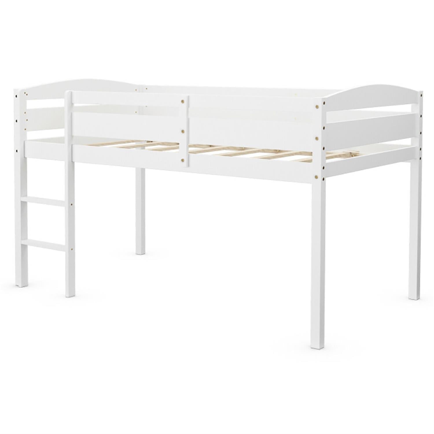 Demi Bonn Loft Bed Twin Size, Solid Wood Low Loft Bed with Guard Rail and Ladder, Modern Wooden Loft Bunk Bed Frame, White