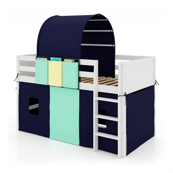 Demi Bonn Loft Bed Twin Size, Solid Wood Low Loft Bed with Tower Tent and 3 Storage Pockets, Modern Wooden Bed Frame, Blue