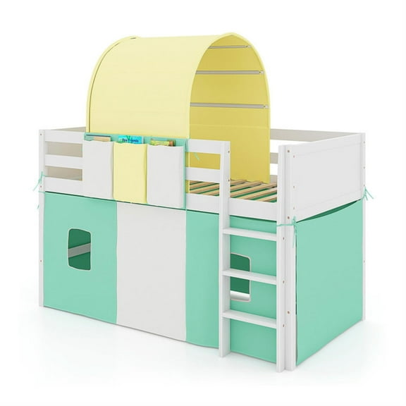 Demi Bonn Loft Bed Twin Size, Solid Wood Low Loft Bed with Tower Tent and 3 Storage Pockets, Modern Wooden Bed Frame, Green