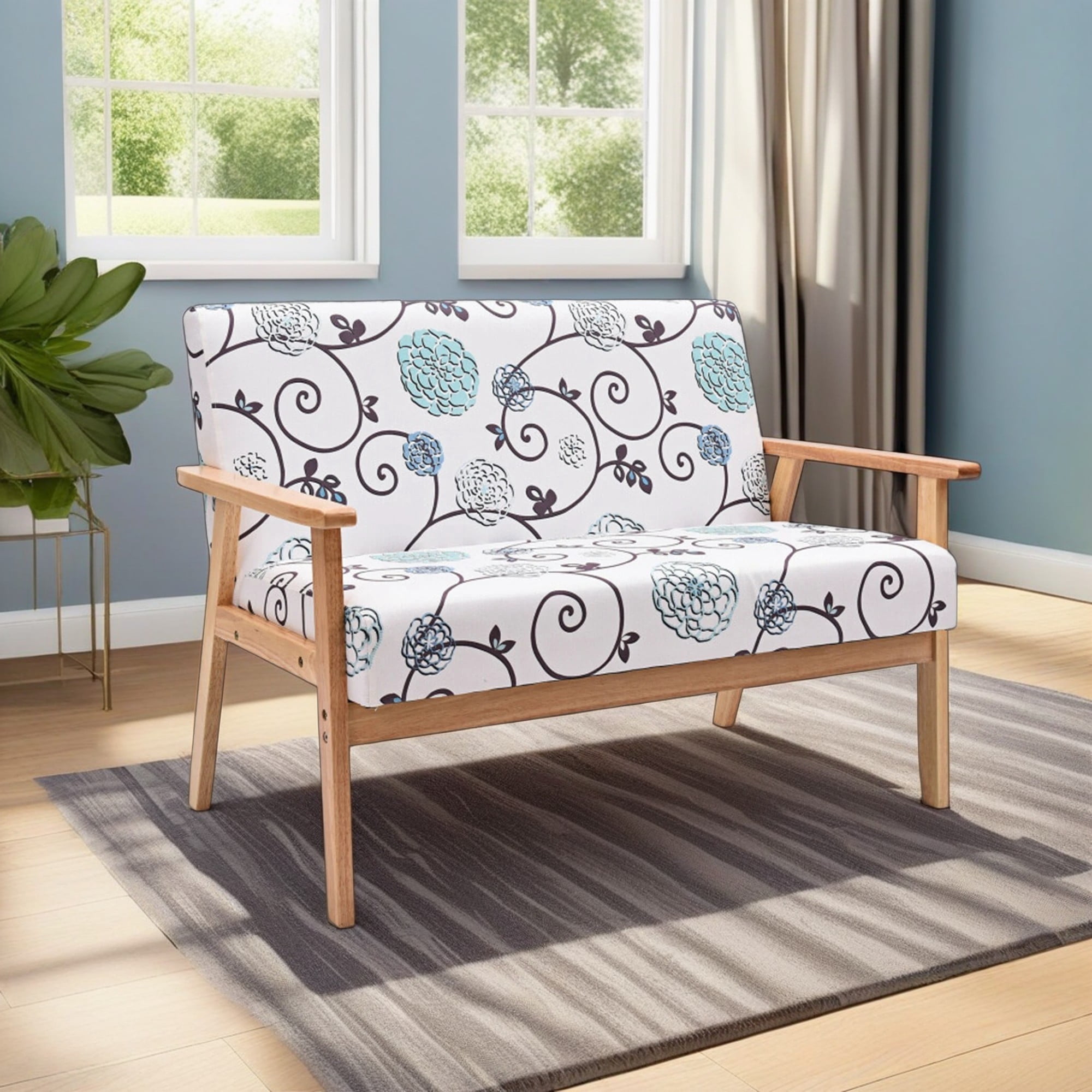 Demi Bonn Loveseat Sofa, 2 Seater Cushioned Couch for Small Spaces, Modern Fabric Upholstered Armchair, for Living Room, Bedroom, 2 seat, White & Blue