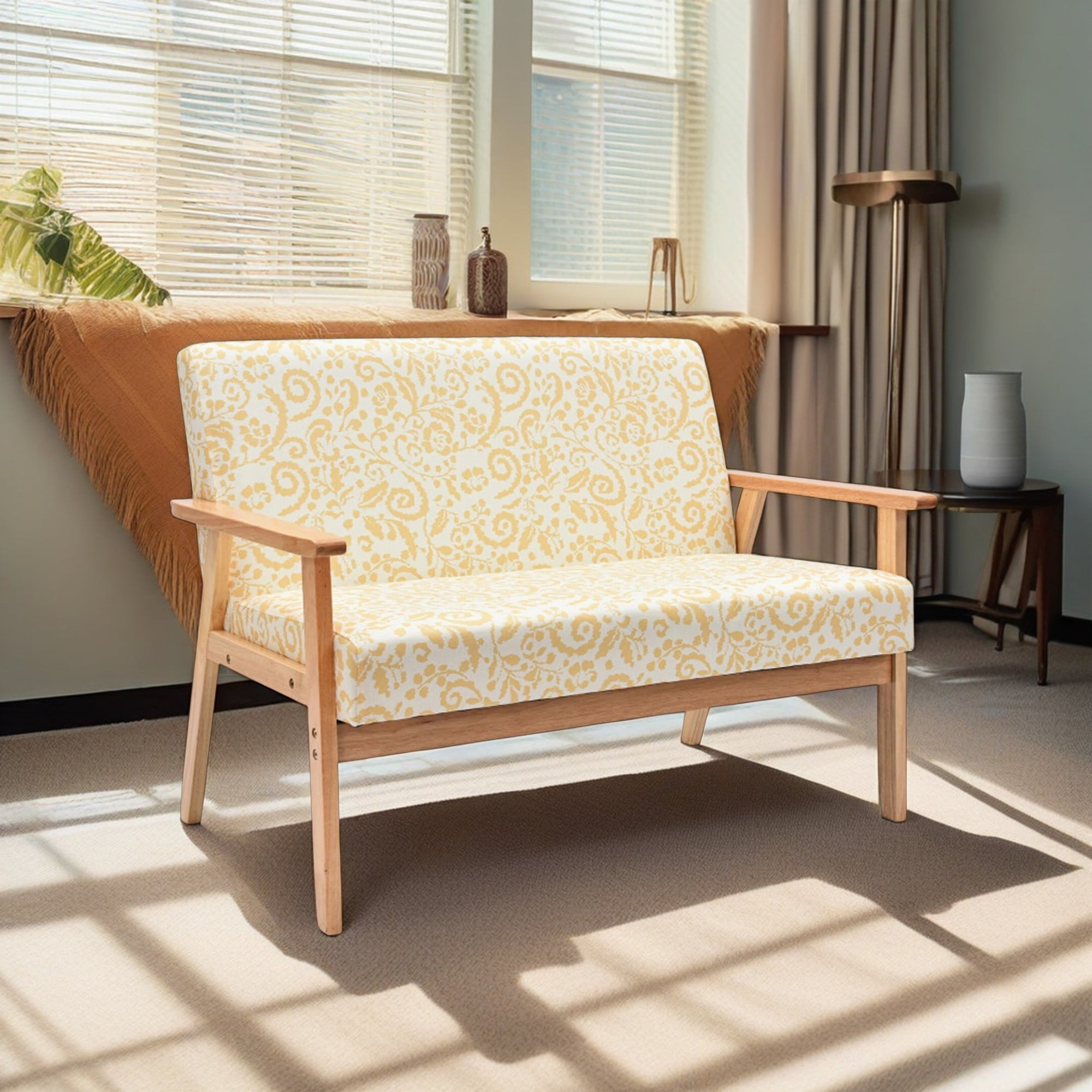 Yellow Floral Linen Upholstered Loveseat with Wood Frame
