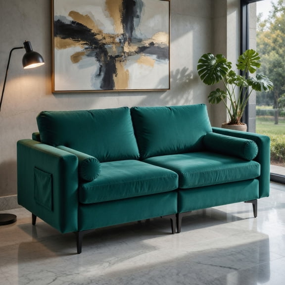 Demi Bonn Loveseat Sofa, Modern Loveseat Sofa with 2 Bolsters and Side Storage Pocket, for Living Room, Bedroom, Teal