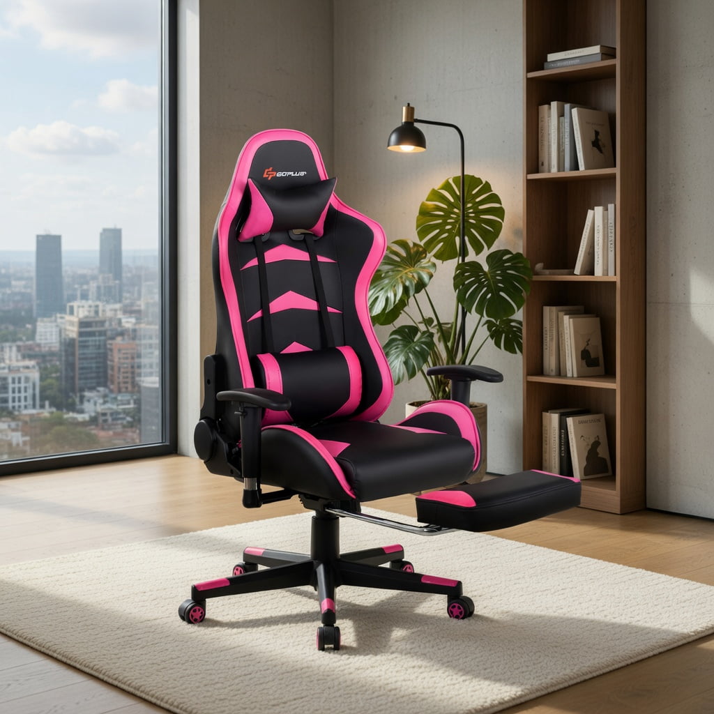 Demi Bonn Massage Gaming Chair with Footrest, Computer Chair with Headrest and Lumbar Support, Pink
