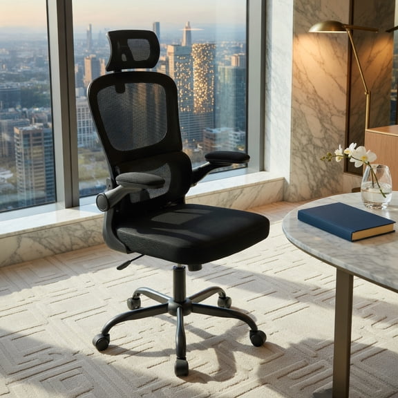Demi Bonn Mesh Office Chair with Adaptive Lumbar Support Flip-up Armrests, Reclining Backrest, Rolling Work Computer Desk Chair, Black