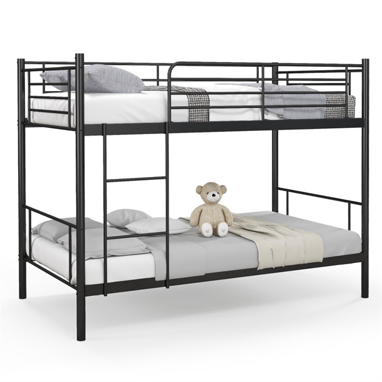Demi Bonn Metal Bunk Bed Frame Twin Over Twin with Ladder and Full-length Guardrails, Heavy Duty Metal Bed Frame, Black