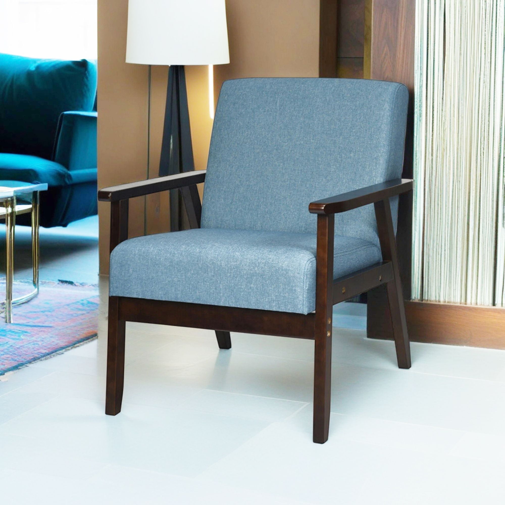 Blue Linen and Rubber Wood Mid-Century Modern Accent Chair