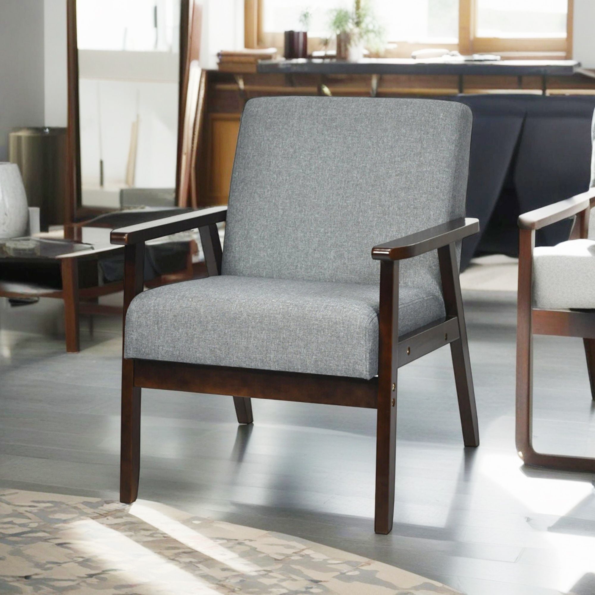 Demi Bonn Mid-Century Modern Accent Chair, Retro Fabric Armchair, Solid Rubber Wood Fabric Accent Armchair, for Living Room, Gray