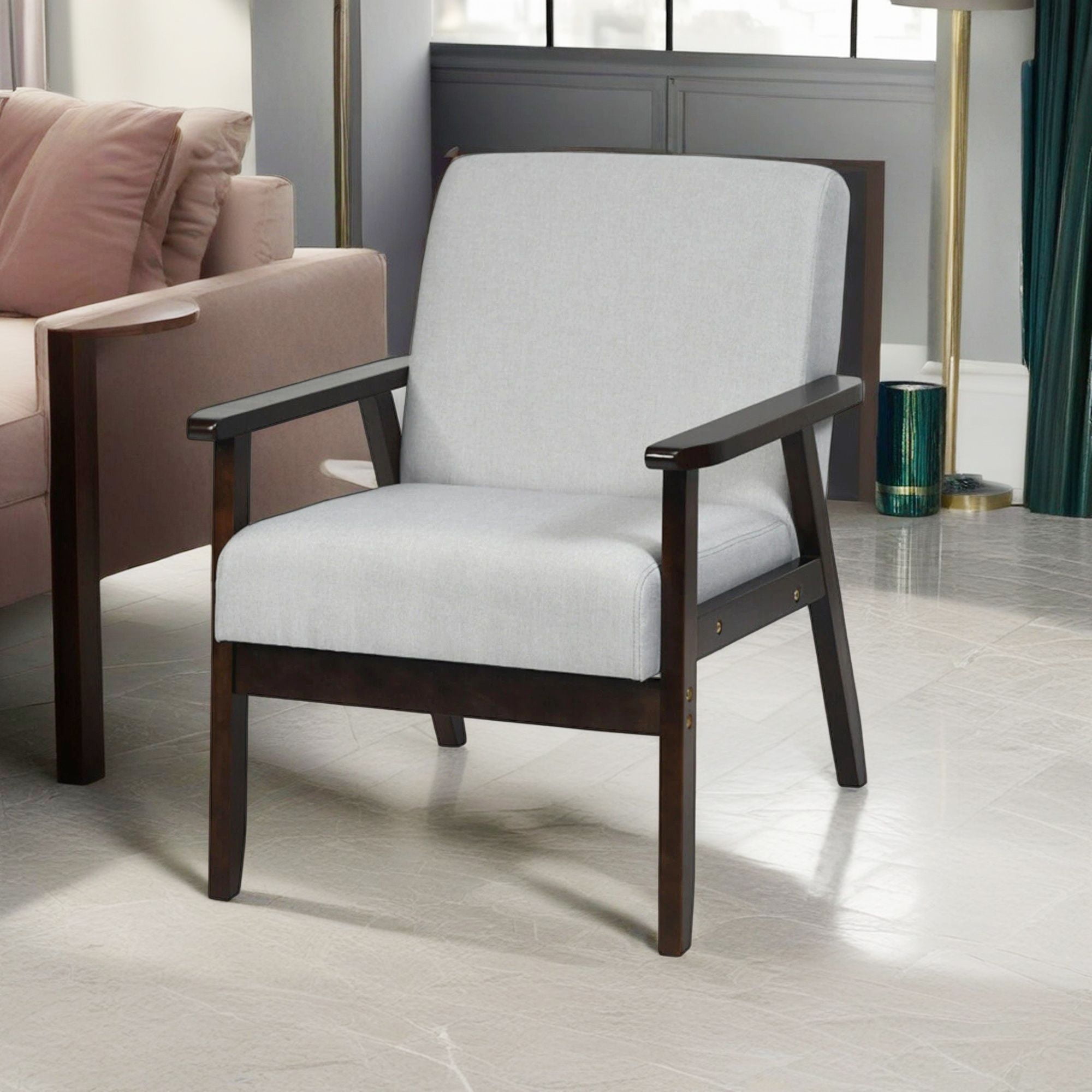 Demi Bonn Mid-Century Modern Accent Chair, Retro Fabric Armchair, Solid Rubber Wood Fabric Accent Armchair, for Living Room, Light Gray