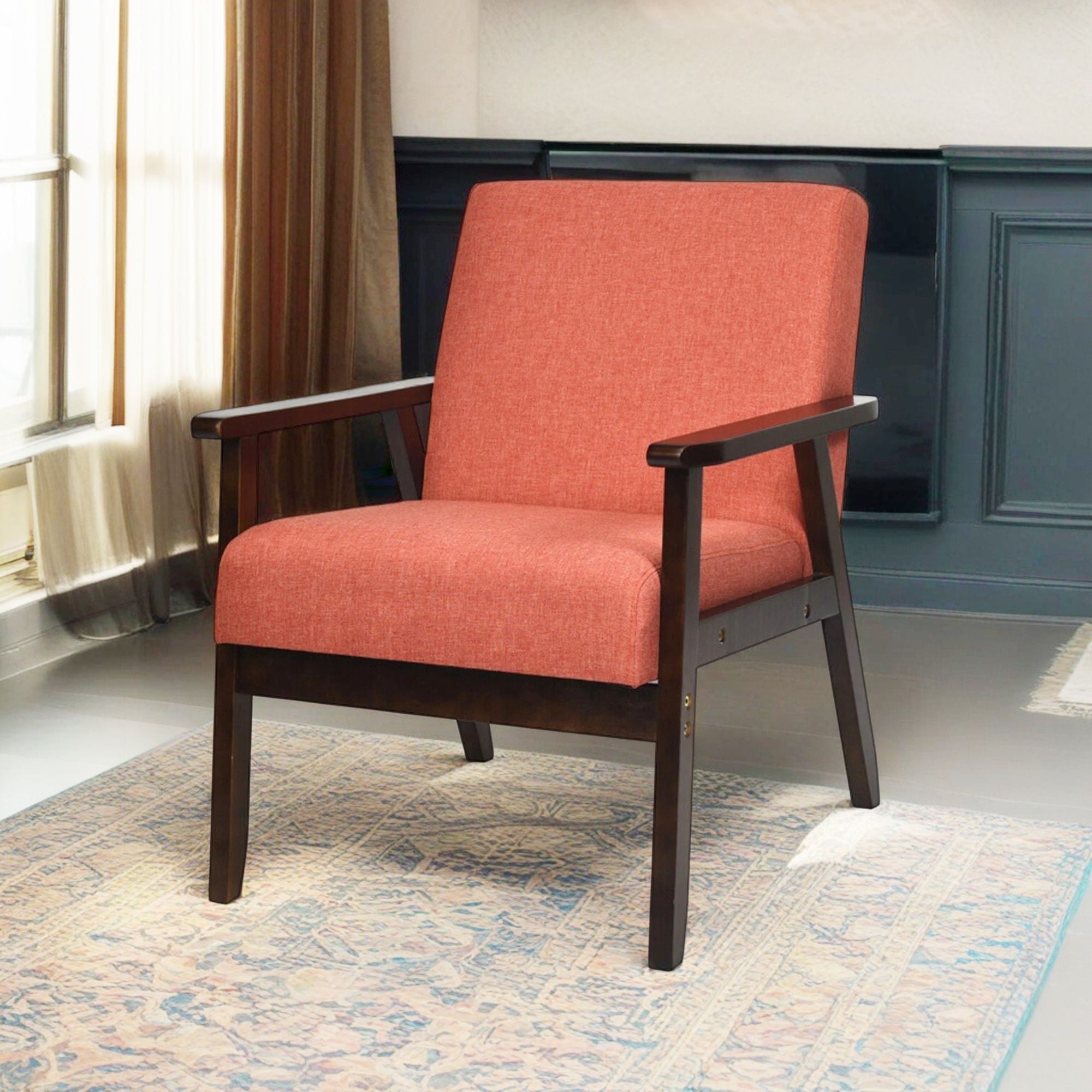 Demi Bonn Mid-Century Modern Accent Chair, Retro Fabric Armchair, Solid Rubber Wood Fabric Accent Armchair, for Living Room, Orange