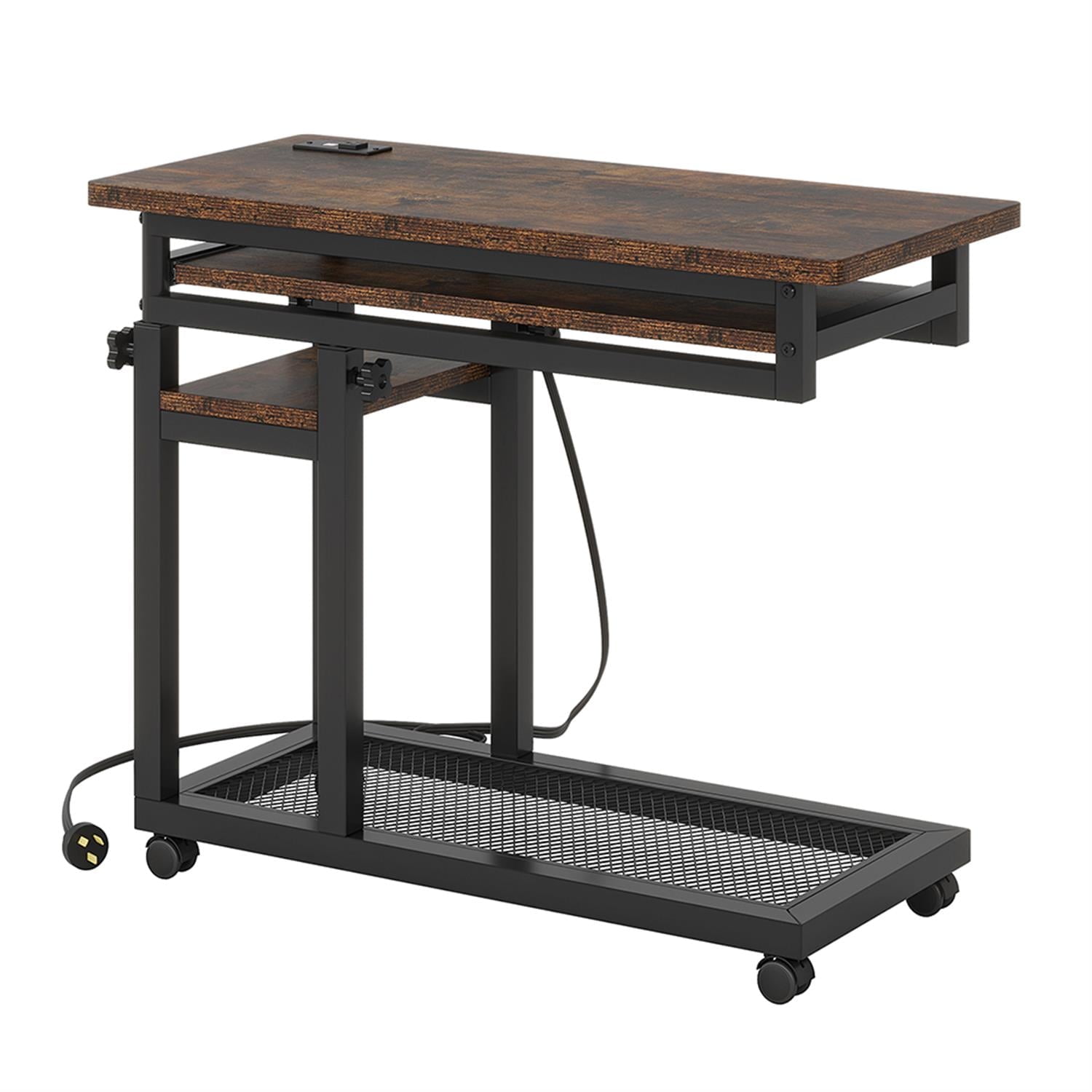 Demi Bonn Mobile C Table, Portable Desk Side Table with Power Outlet, Sofa Arm End End Table for Eating Laptop Couch Bed Dinner or Small Spaces, Brown