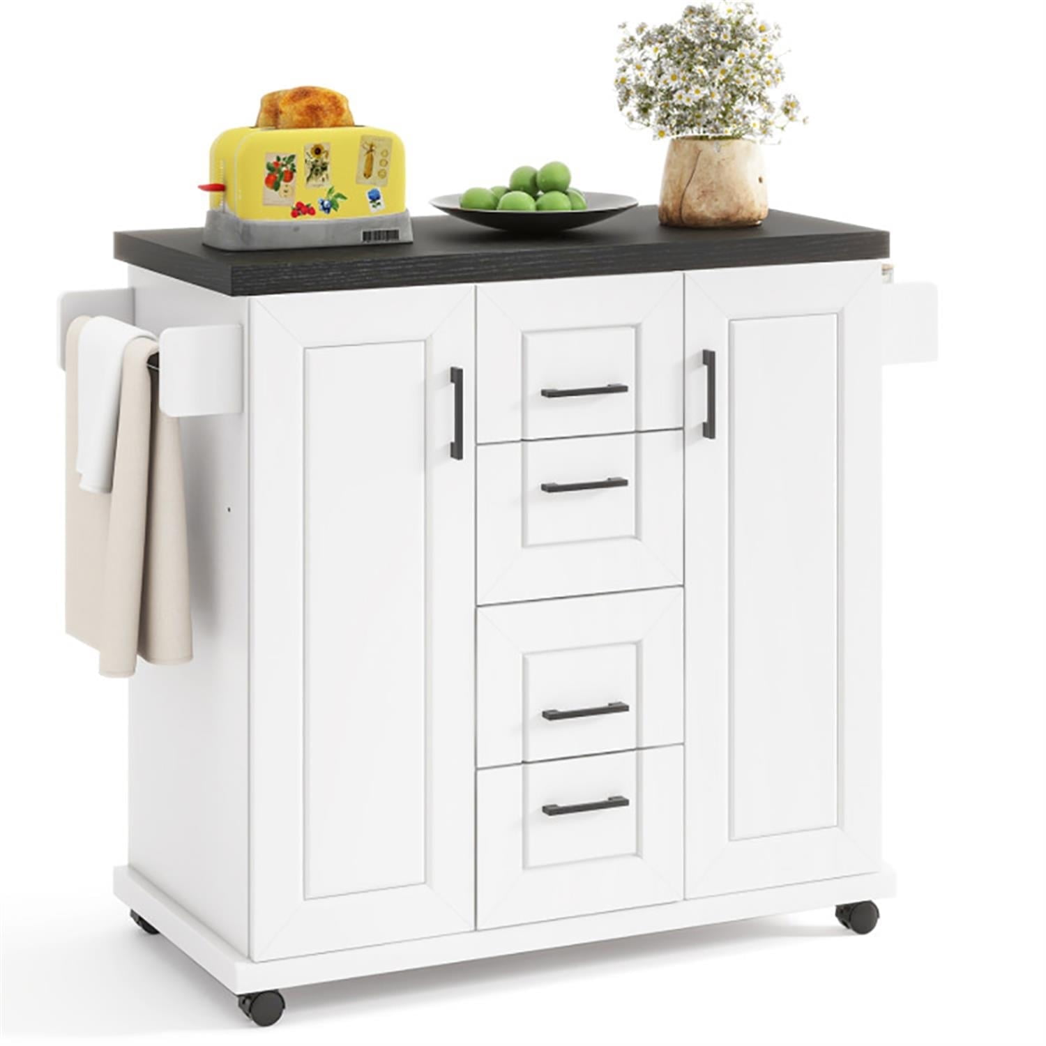 Demi Bonn Mobile Kitchen Island Cart with Storage Cabinets, Rolling Kitchen Serving Carts on Wheels for Home, Dining Room, White