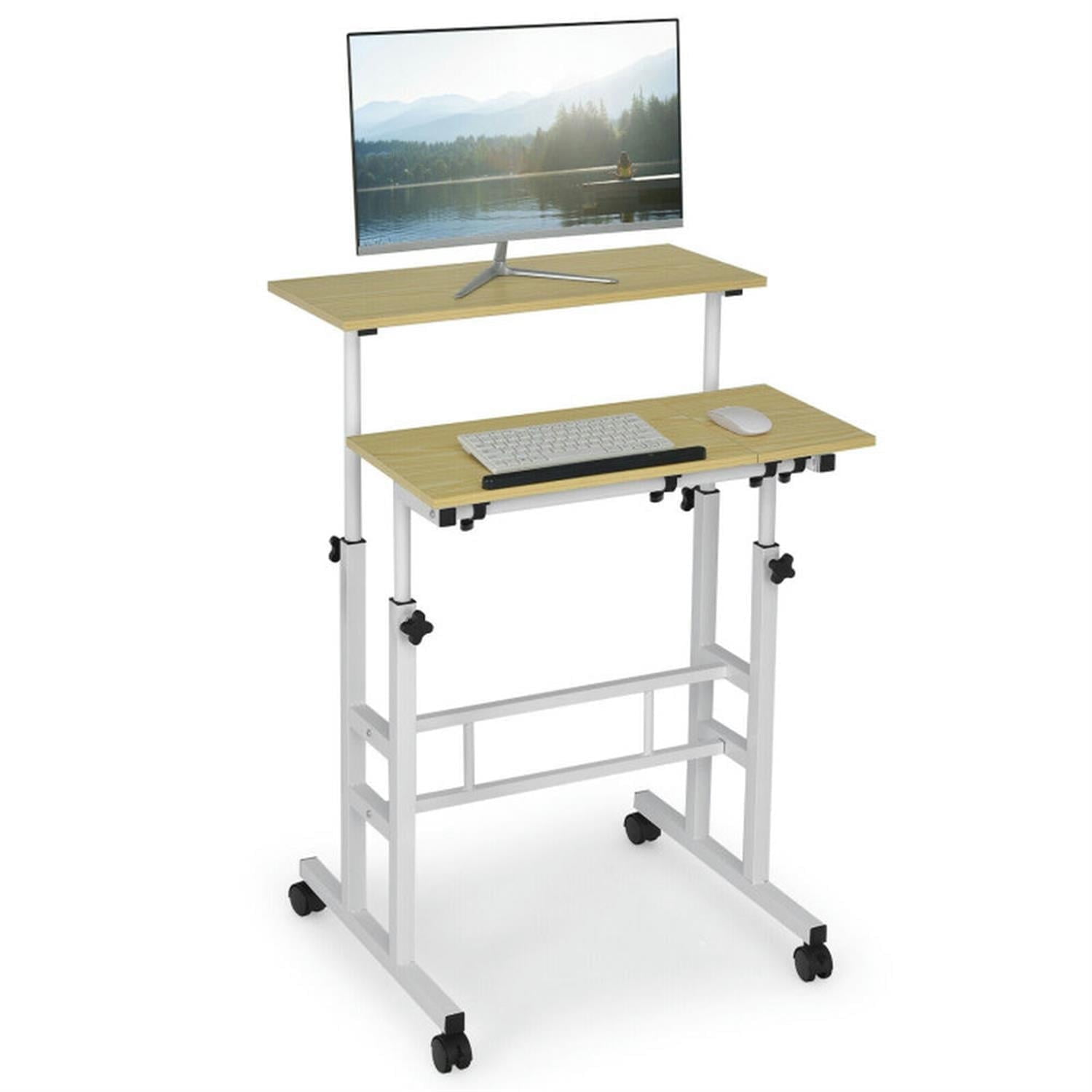 Demi Bonn Mobile Stand up Computer Desk with 2 Tilting Desktops, Laptop Workstation for Laptops, Books, Tablets, and Art, Beige