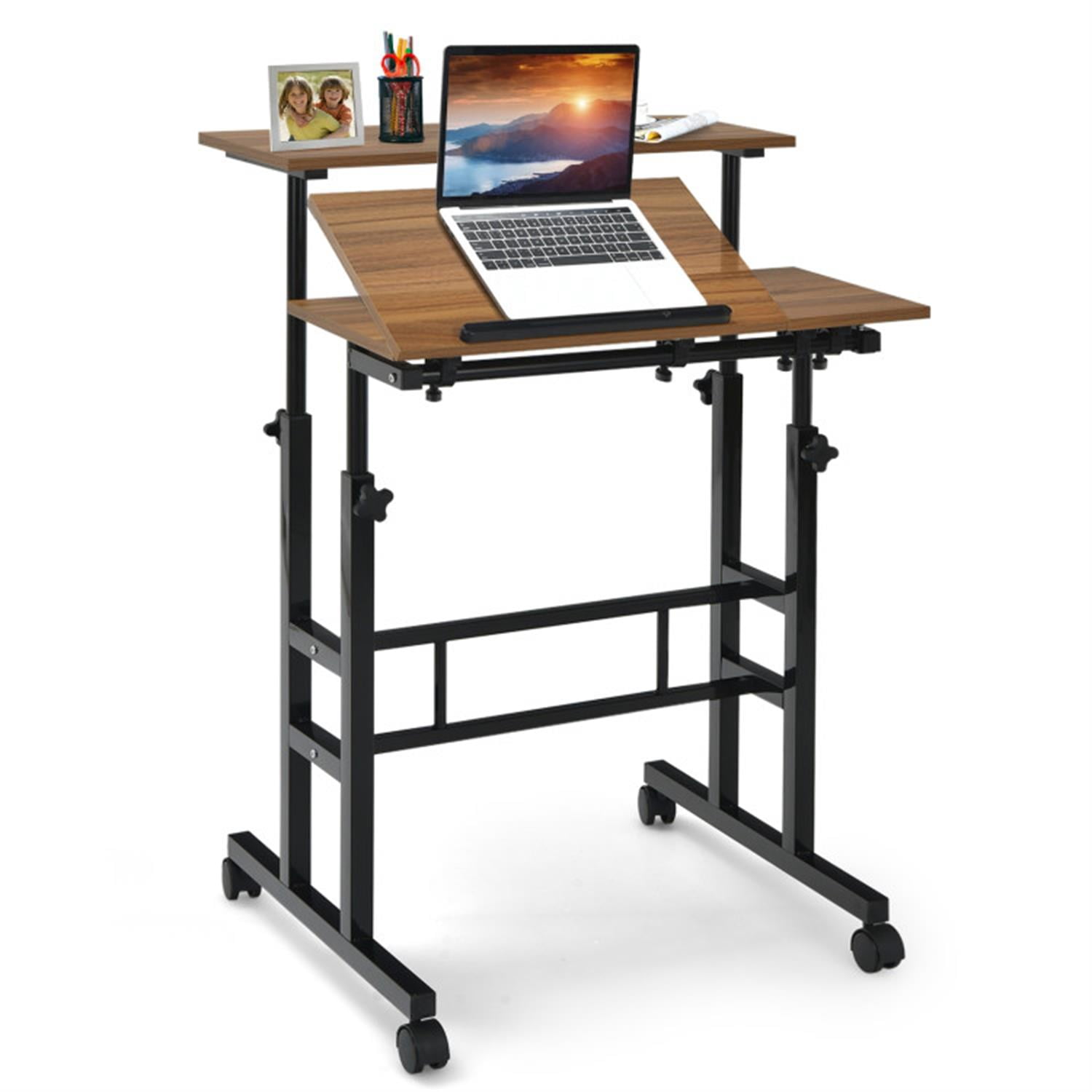 Finihen Mobile Stand up Computer Desk with 2 Tilting Desktops, Laptop Workstation for Laptops, Books, Tablets, and Art, Brown Finihen Mobile Stand up Computer Desk with 2 Tilting Desktops, Laptop Workstation for Laptops, Books, Tablets, and Art, Brown