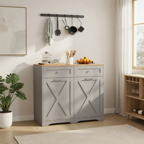 Demi Bonn Modern 2 Drawer Storage Cabinet for Entryway with Outlets and Adjustable Shelf, Tilt Out Trash Can Cabinet of Hallway, Gray