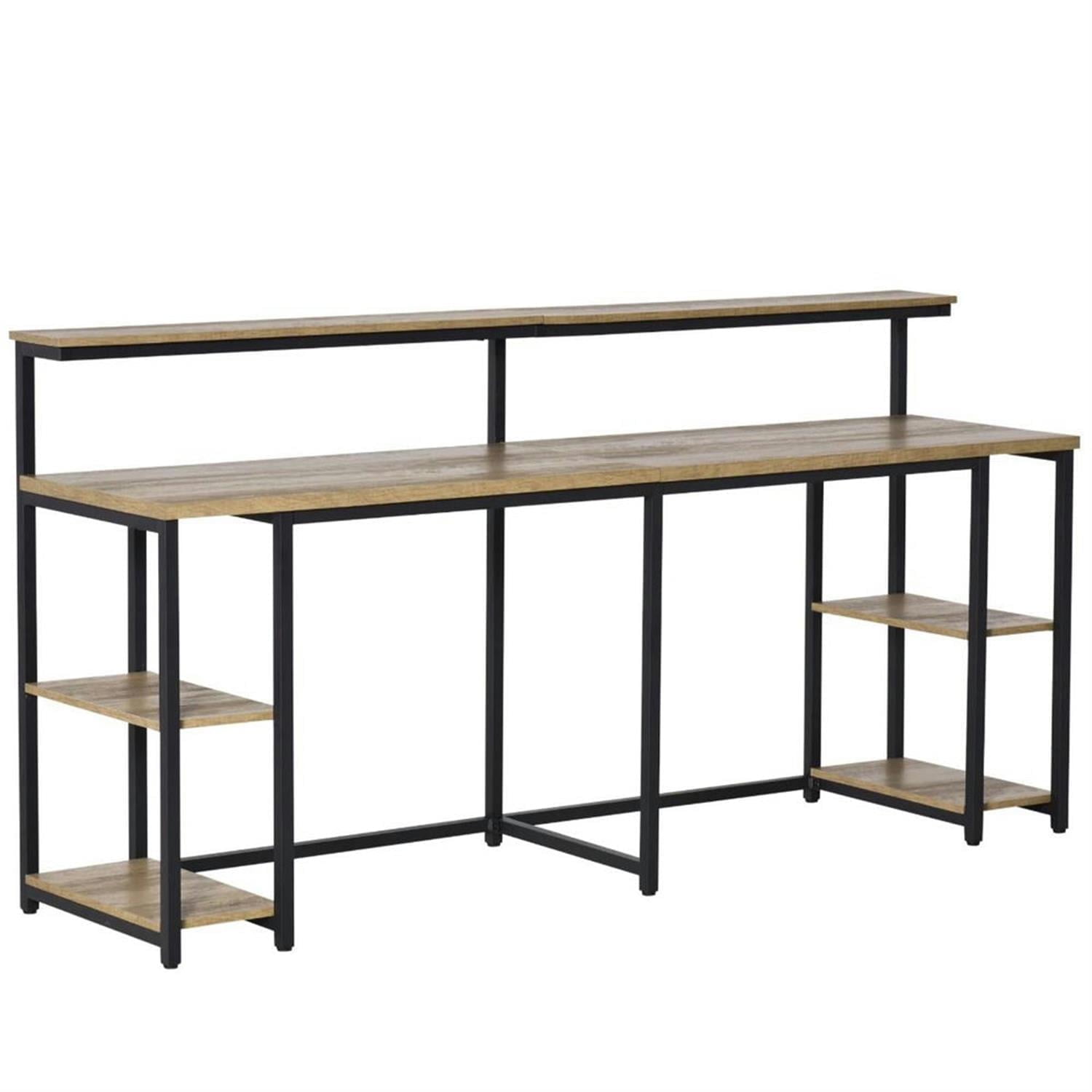 Demi Bonn Modern 2 Person Office Desk with Elevated Monitor Rack, CPU Stand, Home Computer Desk for Living Room, Office, Study, Writing Table PC Desks, Brown