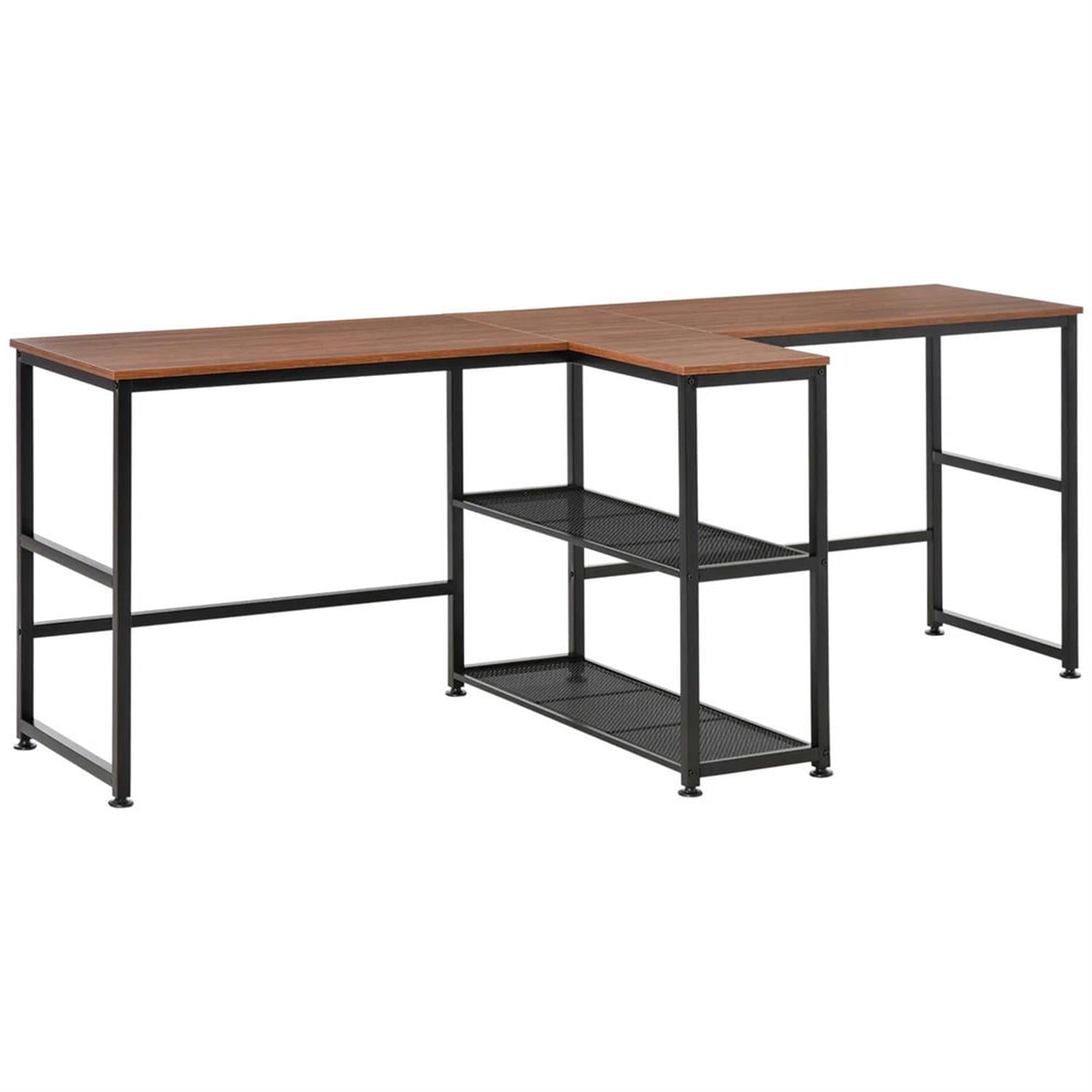 Demi Bonn Modern 2 Person Office Desk with 2 Storage Shelves, Home Computer Desk for Living Room, Office, Study, Writing Table PC Desks, Brown