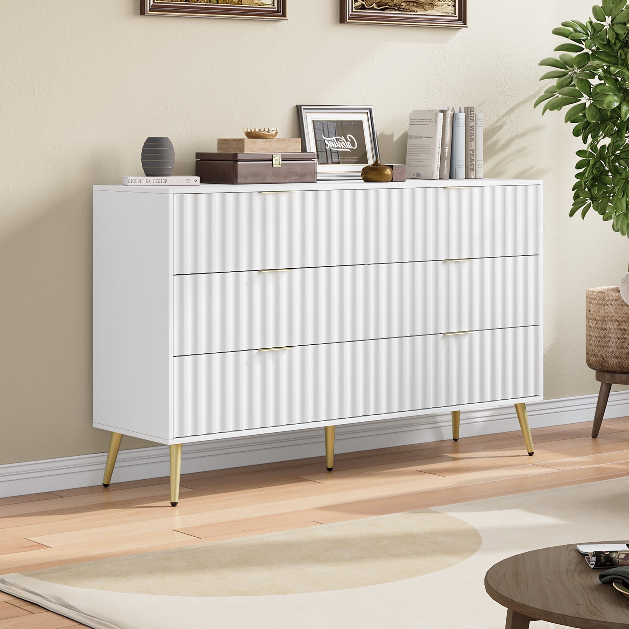 Demi Bonn Modern 6 Drawer Dresser, Drawer Chest, Dresser Storage Cabinet, for Living Room, Bedroom, Hallway, Closet, White