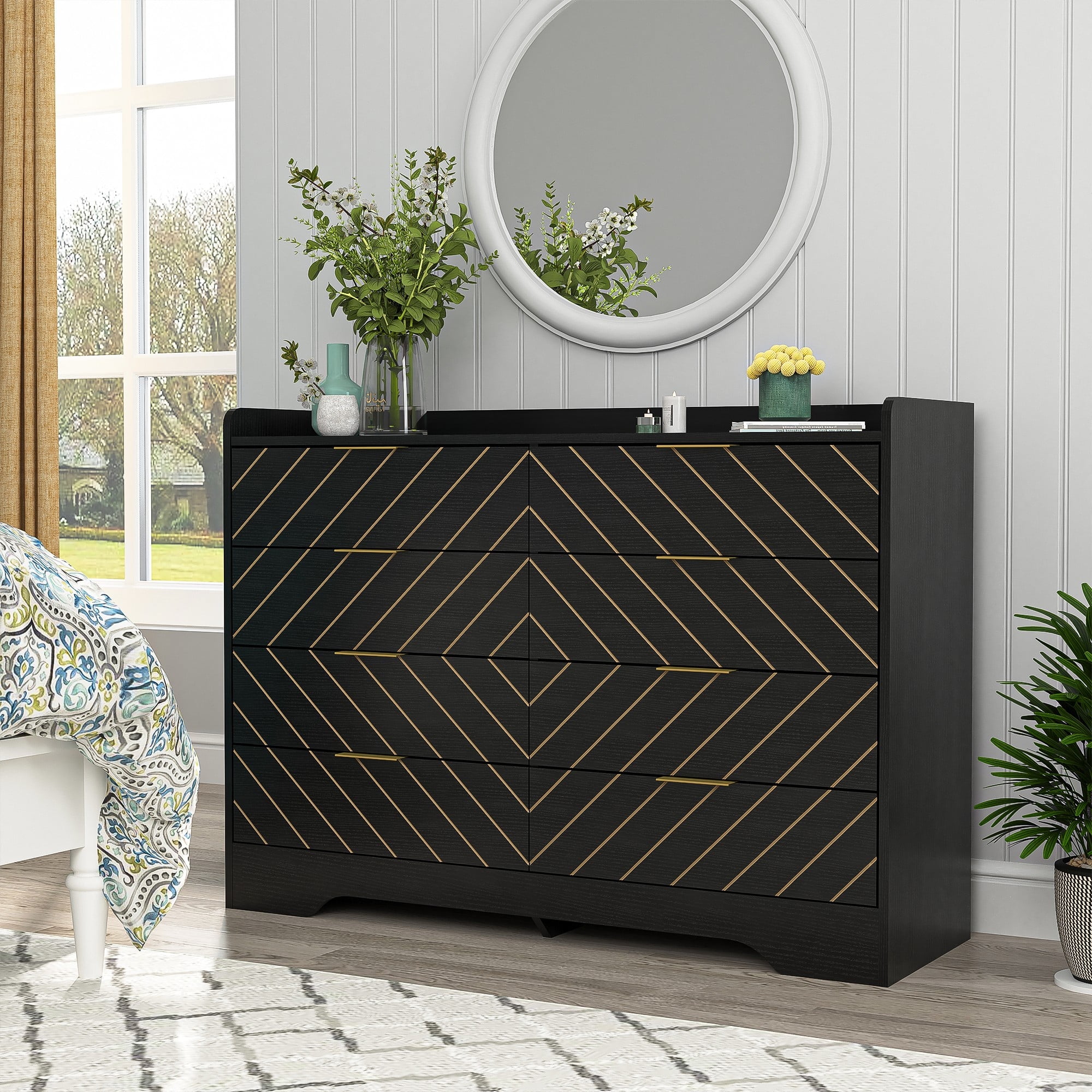 Demi Bonn Modern 8 Drawer Dresser, Wood Chest of Drawers Storage Organizer with Metal Gold Handles for Bedroom, Living Room, Hallway, Entryway, Black