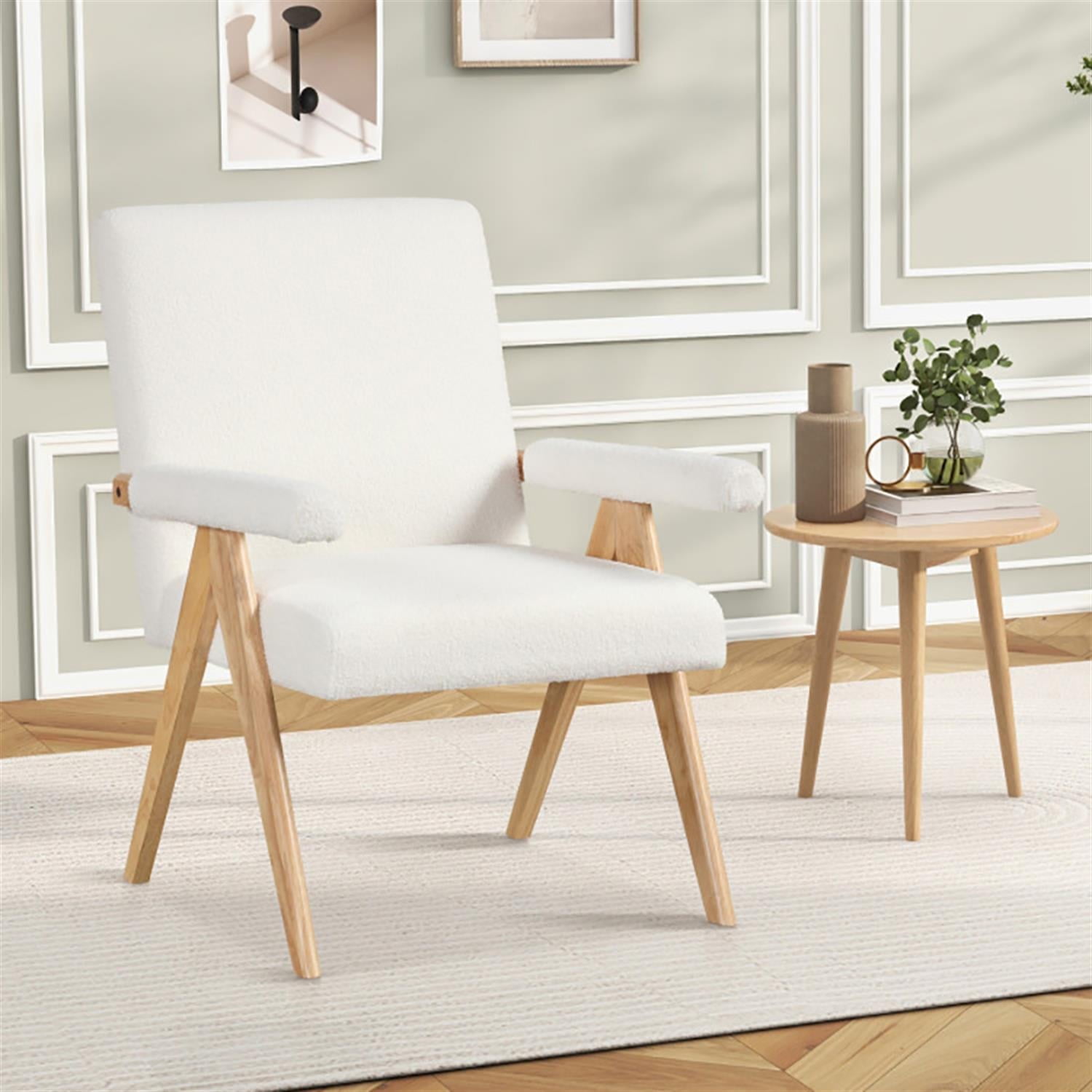 Demi Bonn Modern Accent Chair, Elegant Armchair with Rubber Wood Frame and Padded Armrests, Suitable for Living Room Bedroom Reception Room Office, White