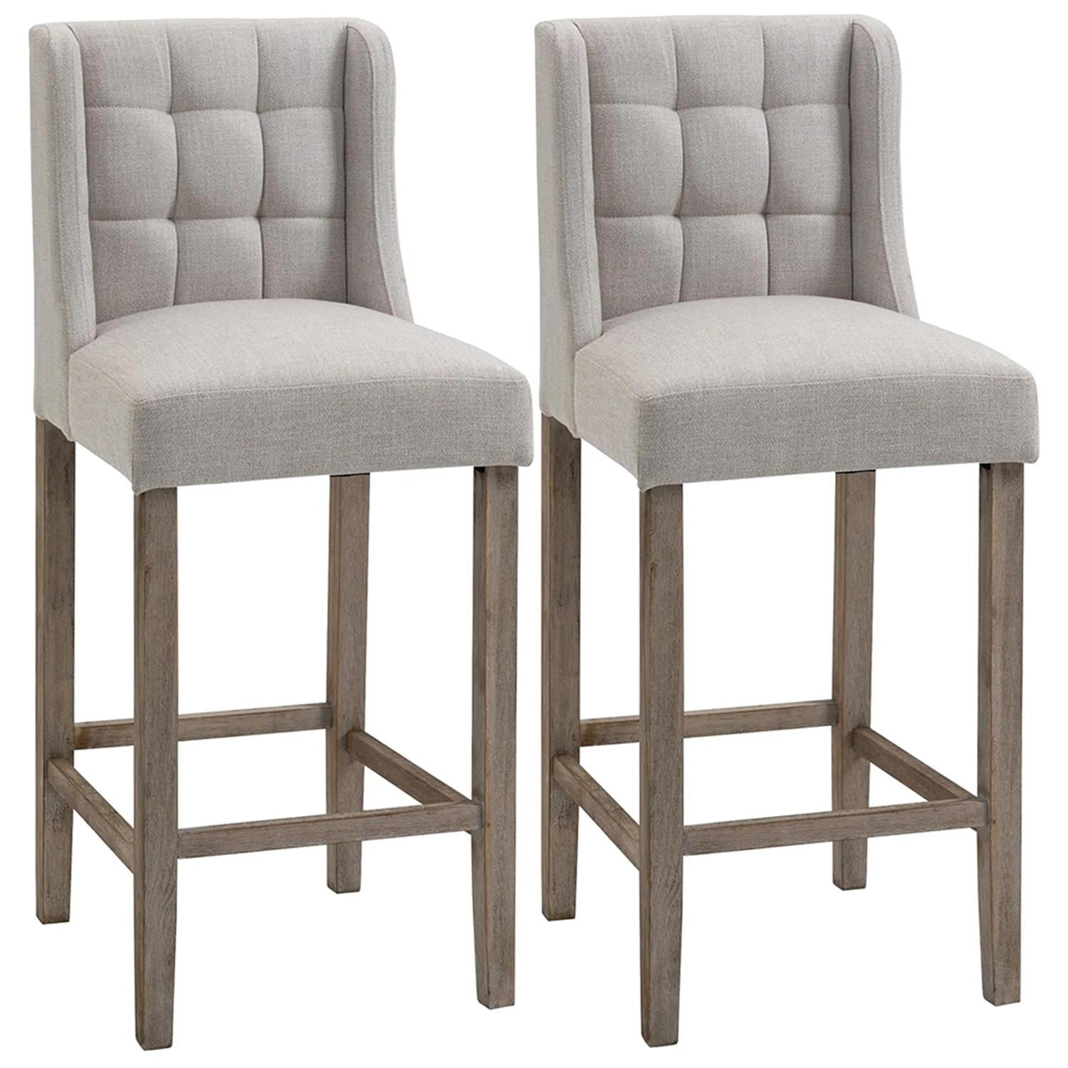 Demi Bonn Modern Bar Stool Set of 2, Cushioned Bar Height Stool with Button Tufted Upholstered Back and Rubber Wood Legs for Kitchen, Dinning Room, Beige