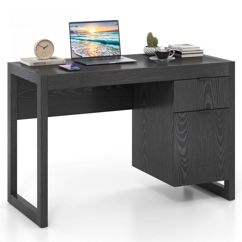 Demi Bonn Modern Computer Desk Workstation with Cabinet and Drawer, Small Home Office Desk Study Writing Table, Black