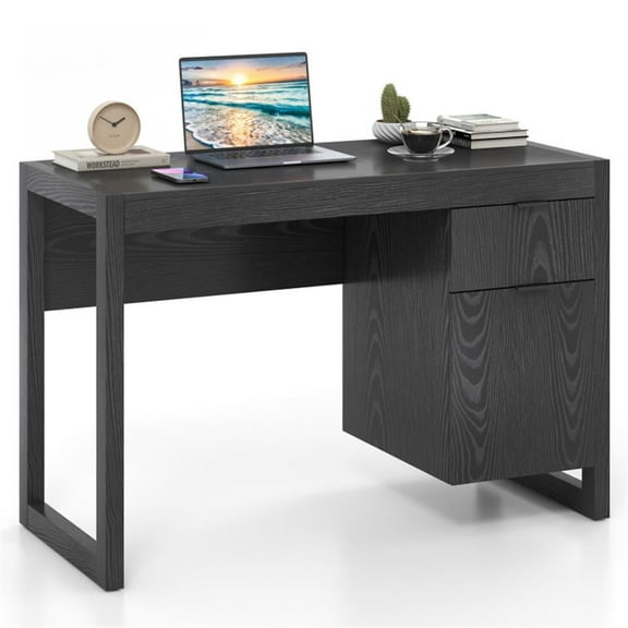 Demi Bonn Modern Computer Desk Workstation with Cabinet and Drawer, Small Home Office Desk Study Writing Table, Black