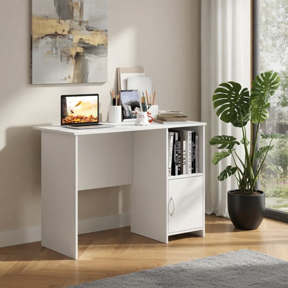 Demi Bonn Modern Computer Desk with Cabinet, Small Home Office Desk Study Writing Table, White