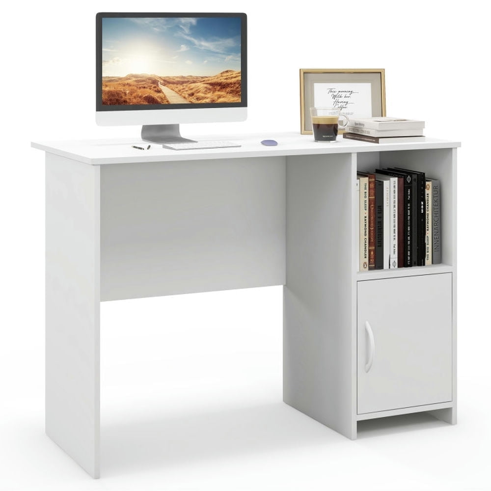 Demi Bonn Modern Computer Desk with Cabinet, Small Home Office Desk Study Writing Table, White