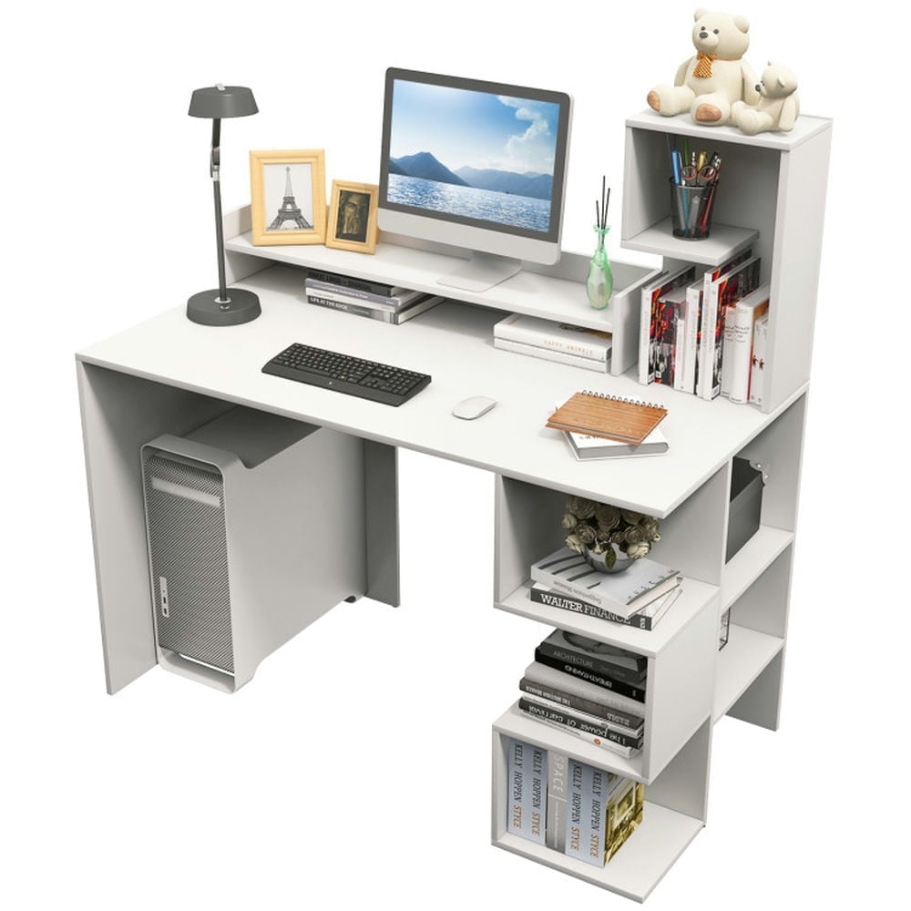 Demi Bonn Modern Computer Desk with Storage Bookshelf and Hutch for Home Office Desk Study Writing Table, White
