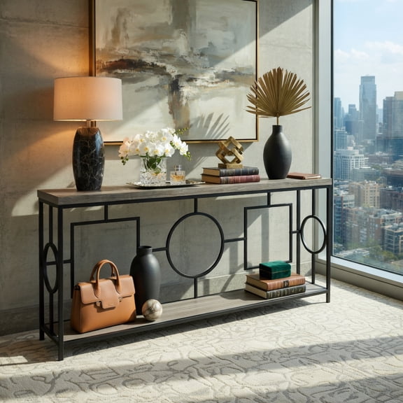 Demi Bonn Modern Console Table for Entryway, 2-Tier Faux Marble Top Metal Frame Sofa Table with Storage Shelf for Hallway for Living Room, Hallway, Office, Brown