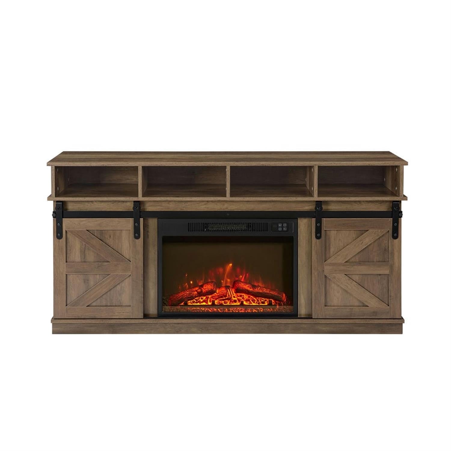 Demi Bonn Modern Farmhouse TV Media Stand for TV Up to 65'', Large Barn Inspired Home Entertainment Console with 23" Fireplace Insert, Open Shelves and Closed Cabinets, Brown