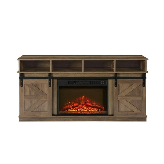 Demi Bonn Modern Farmhouse TV Media Stand for TV Up to 65'', Large Barn Inspired Home Entertainment Console with 23" Fireplace Insert, Open Shelves and Closed Cabinets, Brown