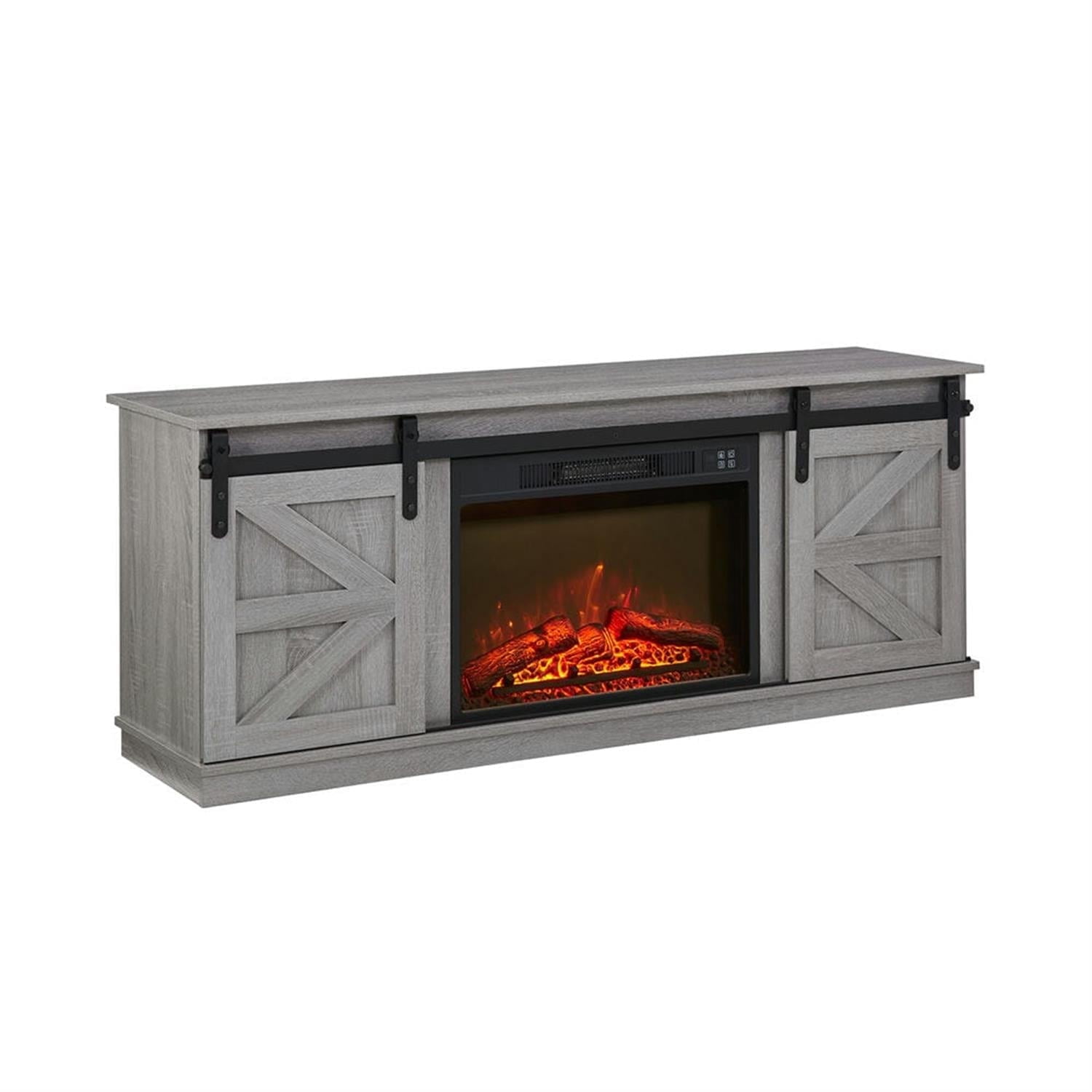Demi Bonn Modern Fireplace TV Stand for Television up to 65" with Storage and Farmhouse Sliding Barn Doors, Entertainment Center with Cabinet and Shelves, Gray