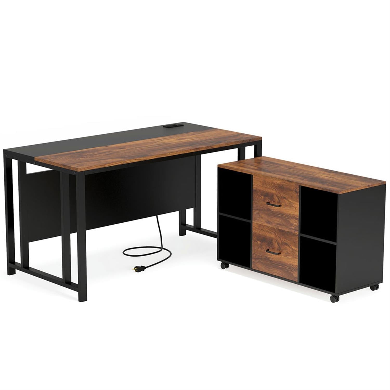 Demi Bonn Modern L Shaped Gaming Computer Desk, 55" Corner Executive Desk with Power Outlet and File Cabinet for Home Office, Brown