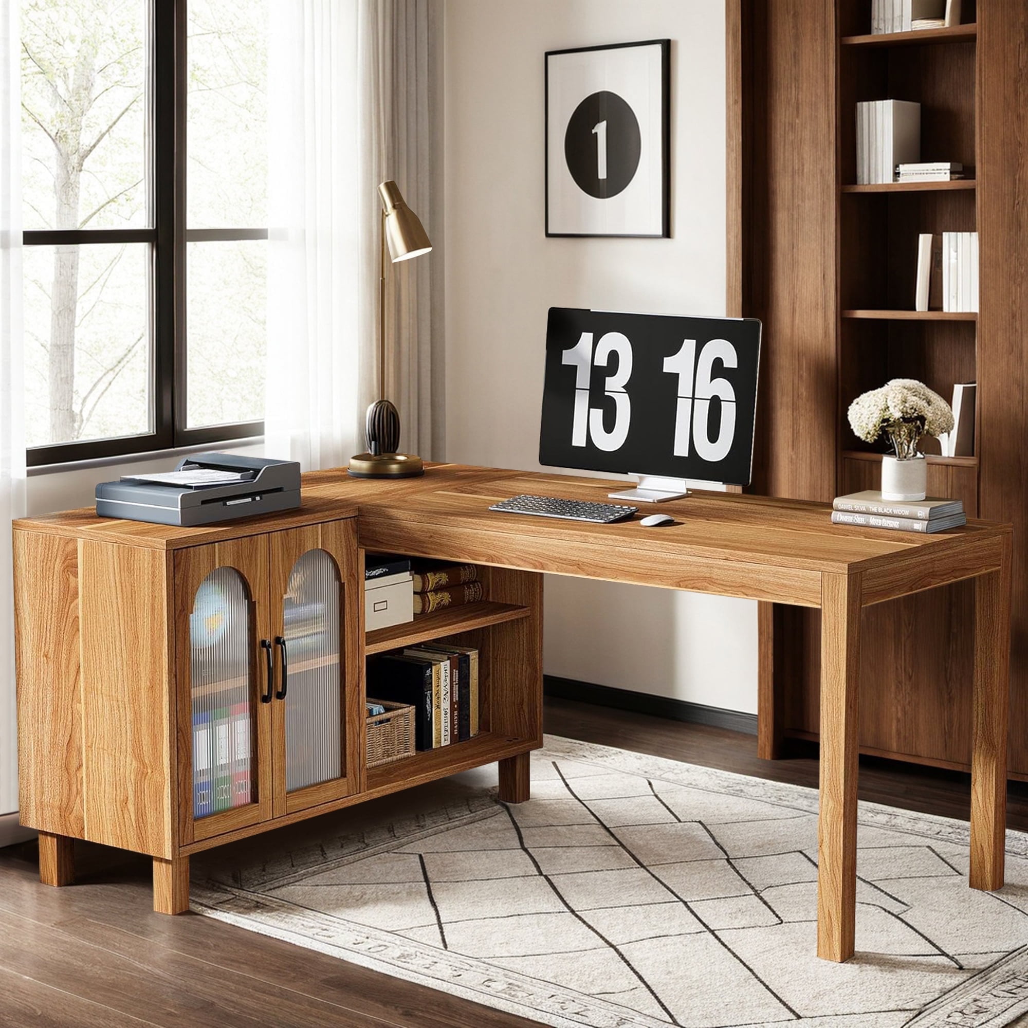 Demi Bonn Modern L Shaped Gaming Computer Desk, 59" Corner Executive Desk with Storage Cabinet for Home Office, Brown