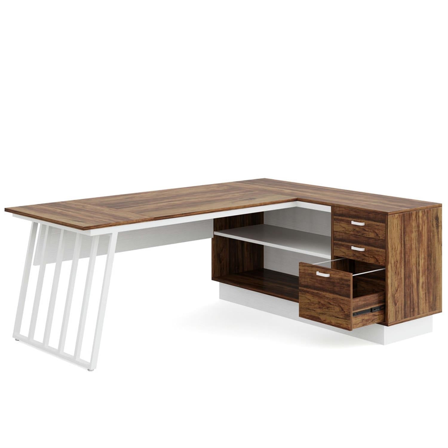 Demi Bonn Modern L Shaped Gaming Computer Desk, 71" Reversible Corner Executive Desk with Cabinet for Home Office, Brown