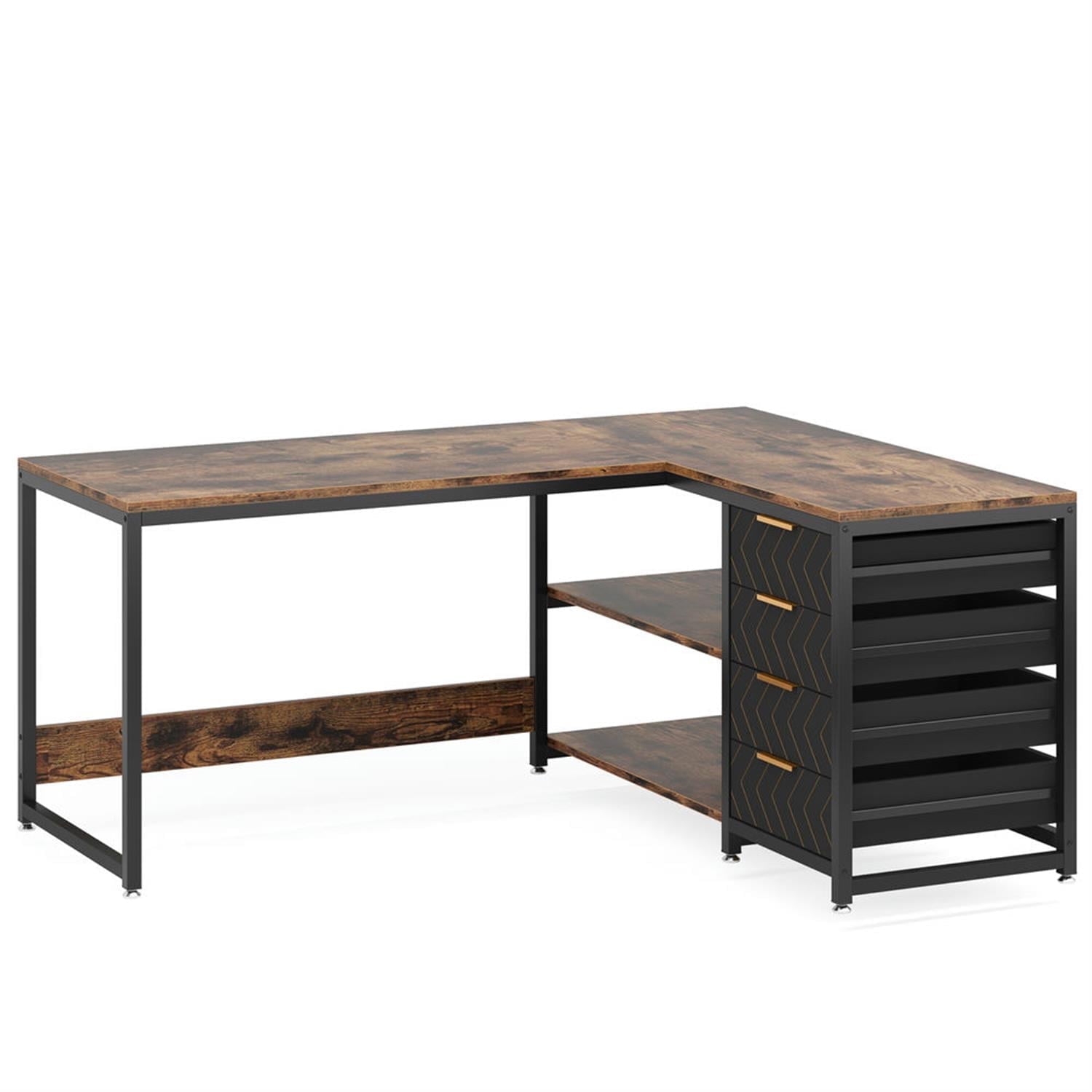 Demi Bonn Modern L Shaped Gaming Desk, 59" Reversible Corner Executive Desk with Drawers and Shelves for Home Office, Brown